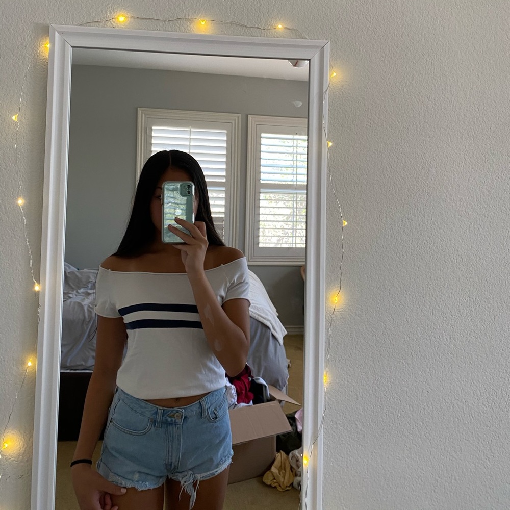 striped brandy off the shoulder top